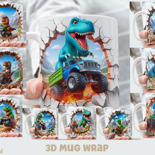 3D-Effekt Dinosaurier und Monster Truck Mug Wrap, 11 Unze & 15 Unze Mug Bundle Sublimation Wrap, sofortiger digitaler Download, PNG-Vorlage