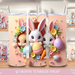 Puede incluir: Una descarga digital para una envoltura de vaso skinny 3D con un fondo rosa y un dise&ntilde;o agrietado. Dos conejos asoman por las grietas sosteniendo huevos de Pascua. El dise&ntilde;o incluye flores, hojas y una zanahoria.