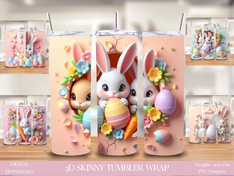 Puede incluir: Una descarga digital para una envoltura de vaso skinny 3D con un fondo rosa y un dise&ntilde;o agrietado. Dos conejos asoman por las grietas sosteniendo huevos de Pascua. El dise&ntilde;o incluye flores, hojas y una zanahoria.