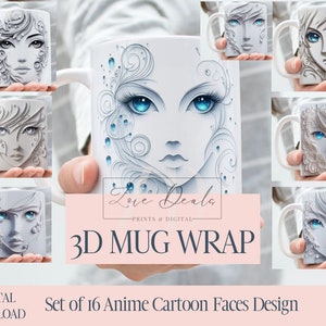 3D-Effekt Cartoon Anime Gesichter Becher Wrap, 11 Unze & 15 Unze lustige Becher Bundle Sublimation Wrap, sofortiger digitaler Download, PNG-Vorlage