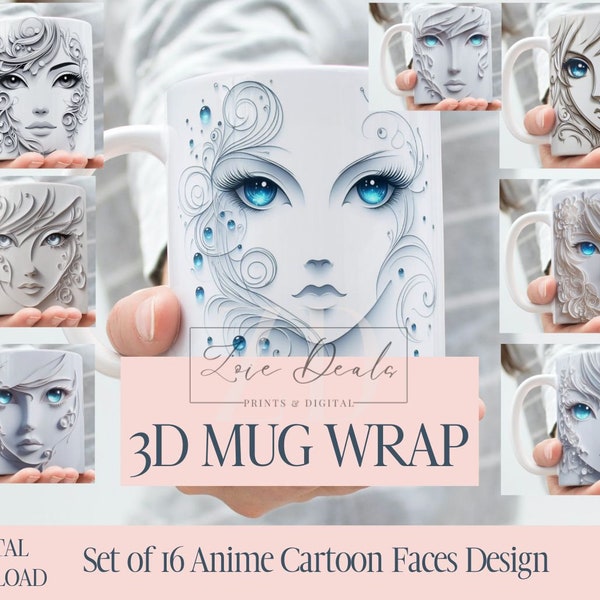 3D Effect Cartoon Anime Faces Mug Wrap, 11 oz & 15 oz Funny Mug Bundle Sublimation Wrap, Instant Digital Download, PNG Template