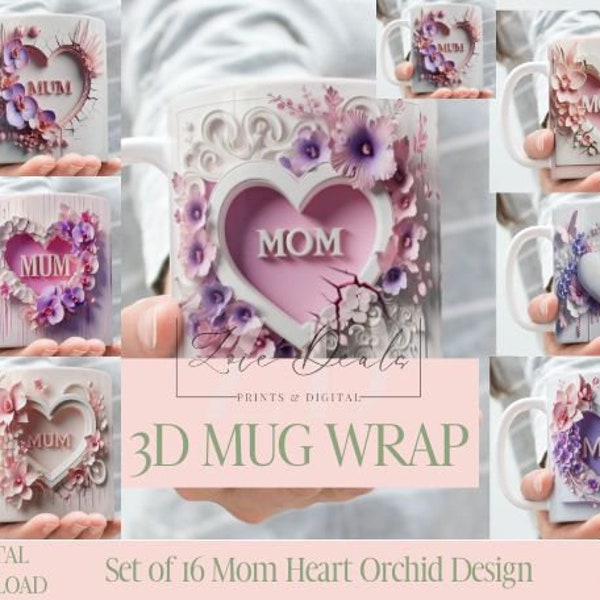 3D Effect Mom Heart Orchid Mug Wrap, Mother's Day Sublimation Bundle Mug Wrap 11oz / 15oz, Instant Digital Download, PNG Template