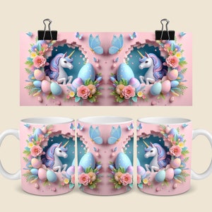 May include: White ceramic mug with a pink background featuring a unicorn and Easter eggs. The unicorn is surrounded by pink and white flowers. The mug is a great gift for Easter.