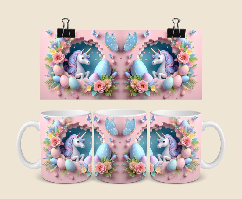 May include: White ceramic mug with a pink background featuring a unicorn and Easter eggs. The unicorn is surrounded by pink and white flowers. The mug is a great gift for Easter.
