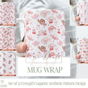 May include: Set of 12 cowgirl coquette aesthetic pattern designs for 11 oz and 15 oz mugs. The designs feature pink, white, and brown cowgirl hats, flowers, and other western-themed elements.
