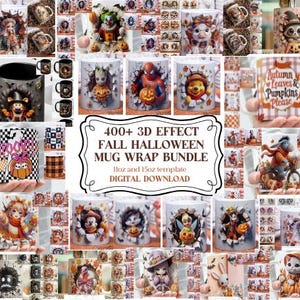 May include: A collection of Halloween-themed mugs with 3D effects, featuring various characters and designs. The mugs showcase pumpkins, cartoon characters, and the text "Autumn Leaves & Pumpkins Please". The image also includes the text "400+ 3D Effect Fall Halloween Mug Wrap Bundle".