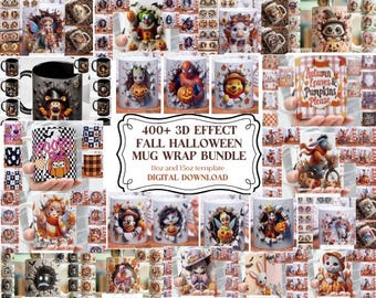 3D Effect Halloween and Fall Mug Wrap Bundle, 400 Designs | 11oz & 15oz PNG Sublimation Files | Digital Download