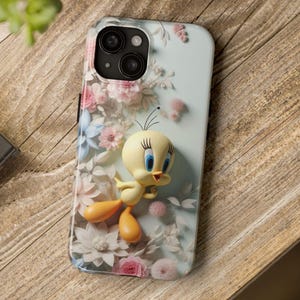 3D Tweety Bird Tough Phone Case, Floral Cartoon Yellow bird Phone Cover - Unique Phone Accessories, Cute Bird Lover Gift, Cartoon Character