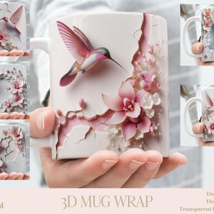 3D Cracked In A Wall Blush Pink Hummingbird Orchid Mug Wrap, 11oz & 15oz Mug Bundle Sublimation Wrap, Instant Digital Download, PNG Template