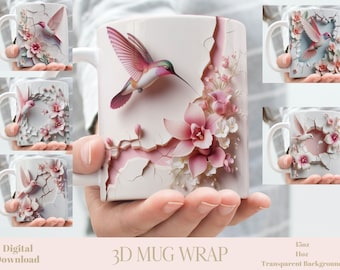 Papier 3D fissuré dans un mur rose blush orchidée colibri pour tasse, emballage pour sublimation lot de tasses 11 oz et 15 oz, téléchargement immédiat, modèle PNG