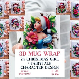 3D Effect Christmas Girl Character Mug Wrap, 11 oz & 15 oz Fairytales Bundle Sublimation Mug Wrap, Instant Digital Download, PNG Template