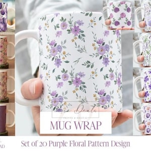 Purple Floral Pattern Mug Wrap, Floral Sublimation Bundle Mug Wrap 11oz / 15oz, Instant Digital Download, PNG Template