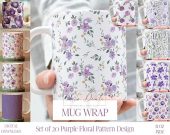 Purple Floral Mug Wrap: Sublimation Design Bundle (Digital Download)