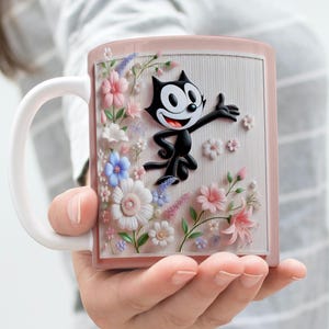 Classic Cartoon Felix the Cat Ceramic Mug, Pastel Floral Coffee Cup - Unique Gift, Kitchen Decor, Birthday Present, Office Mug, Collectible