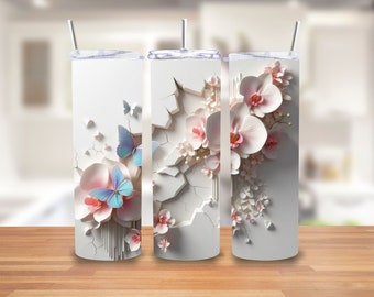 Orchidées murales fissurées en 3D et design de gobelet papillon, emballage de verre à sublimation skinny 20 oz, téléchargement immédiat, modèle PNG