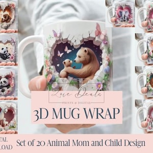 3D効果の動物の母と子のマグラップ、母の日昇華バンドルマグラップ11オンス/15オンス、インスタントデジタルダウンロード、PNGテンプレート