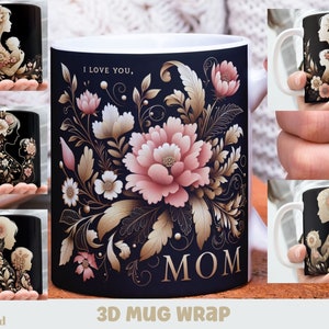 3D 母と子の花のシルエット マグ ラップ、母の日昇華バンドル マグ ラップ 11 オンス / 15 オンス、インスタント デジタル ダウンロード、PNG テンプレート