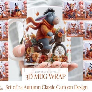 3D Effect Autumn Classic Cartoon Characters Mug Wrap, 11 oz & 15 oz Fall Mug Bundle Sublimation Wrap, Instant Digital Download, PNG Template