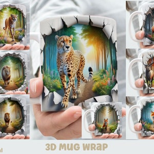 Pode incluir: Um conjunto de envoltórios de caneca 3D com diferentes animais em um ambiente de floresta. Os designs incluem um guepardo, um leão, um veado, uma raposa e um alce. As canecas são de 15oz e 11oz.