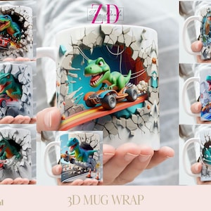 Puede incluir: Un diseño de envoltura de taza 3D con un dinosaurio verde rompiendo una pared agrietada, sosteniendo un coche de carreras. La envoltura de taza está disponible en tamaños de 11oz y 15oz.