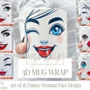 3D Effect Funny Cartoon Woman Faces Mug Wrap, 11 oz & 15 oz Mug Bundle Sublimation Wrap, Instant Digital Download, PNG Template