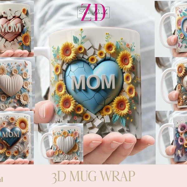 3D Effect Sunflower Heart Mom  Mug Wrap, Mother's Day Sublimation Bundle Mug Wrap 11oz / 15oz, Instant Digital Download, PNG Template