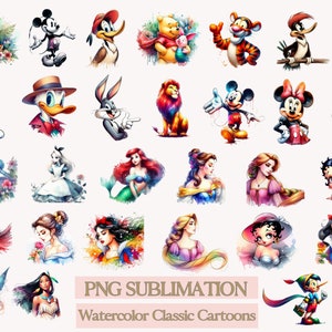 Dibujos animados clásicos de acuarela PNG de sublimación, paquete de imágenes prediseñadas de sublimación de cuentos de hadas, descarga digital, fondo transparente