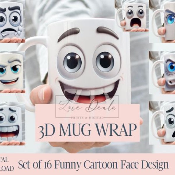 3D Effect Funny Cartoon Faces Mug Wrap, 11 oz & 15 oz Mug Bundle Sublimation Wrap, Instant Digital Download, PNG Template