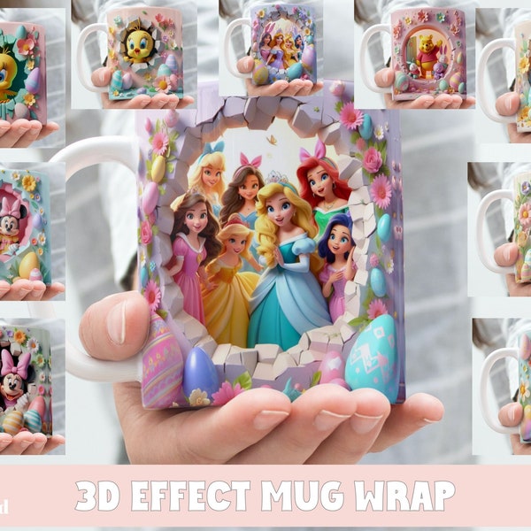 Effet 3D trou dans un mur de Pâques dessins animés classiques Mug Wrap, 11 oz et 15 oz Mug lot de 2 emballages pour sublimation, téléchargement numérique instantané, modèle PNG