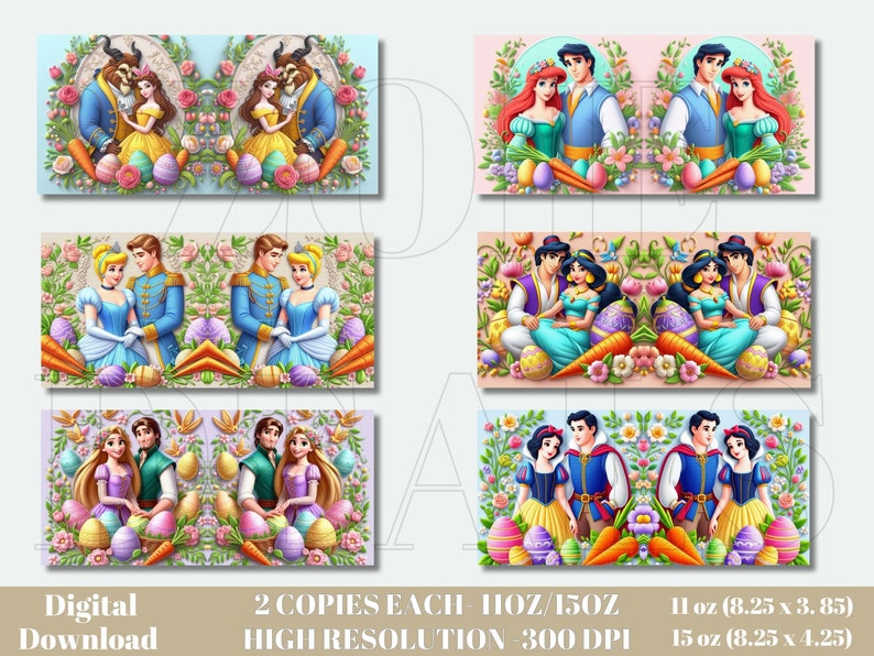 May include: Digital download of 2 copies each of 11 oz and 15 oz sublimation designs featuring Disney princesses and princes with Easter eggs and carrots. High resolution 300 DPI.
