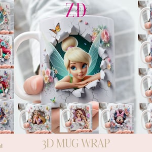 3D Effect Classic Girl Cartoon Character Mug Wrap, 11 oz & 15 oz Mug Bundle Sublimation Wrap, Instant Digital Download, PNG Template