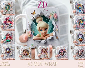 Emballage pour tasse effet 3D classique fille personnage de dessin animé, emballage pour sublimation lot de tasses 11 oz et 15 oz, téléchargement immédiat, modèle PNG