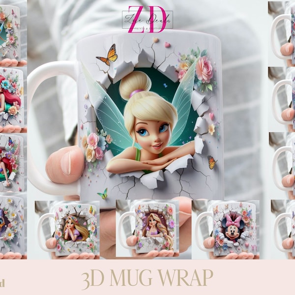 Emballage pour tasse effet 3D classique fille personnage de dessin animé, emballage pour sublimation lot de tasses 11 oz et 15 oz, téléchargement immédiat, modèle PNG