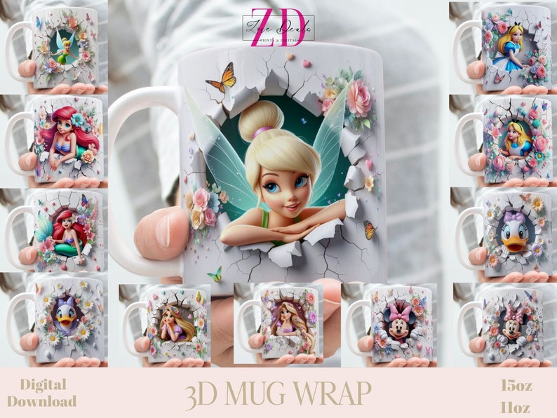 Envoltura de taza de personaje de dibujos animados de niña clásica con efecto 3D, envoltura de sublimación de paquete de taza de 11 oz y 15 oz, descarga digital instantánea, plantilla PNG imagen 1