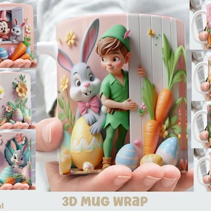 3D-effect klassieke cartoons met paashazen mok wrap, 11 oz & 15 oz mok bundel sublimatie wrap, instant digitale download, PNG-sjabloon