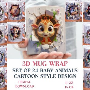3D-Effekt Baby-Tierkarikaturen Becherverpackung, 11 Unzen und 15 Unzen entzückende Tiere Bundle Sublimationsbecherverpackung, sofortiger digitaler Download, PNG-Vorlage