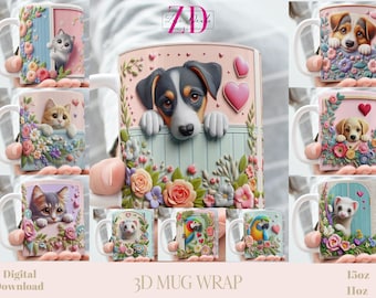 3D Effect Embroidery Pet Animals Mug Wrap, 11 oz & 15 oz Mug Bundle Sublimation Wrap, Instant Digital Download, PNG Template