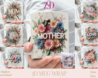 3D Effect Floral Love Mom Mug Wrap, Mother's Day Sublimation Bundle Mug Wrap 11oz / 15oz, Instant Digital Download, PNG Template