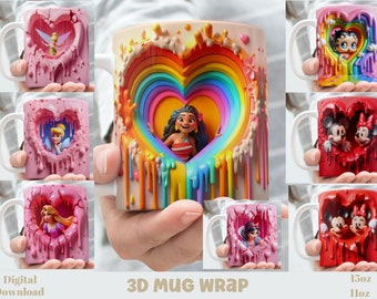 3D Effect Heart Classic Cartoons Character Mug Wrap, 11 oz & 15 oz Mug Bundle Sublimation Wrap, Instant Digital Download, PNG Template