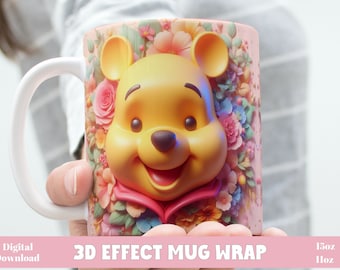 3D Effect Winnie The Pooh Mug Wrap, 11 oz & 15 oz Mug Sublimation Wrap, Instant Digital Download, Floral Winnie Face Mug Wrap PNG Template