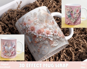 3D-Effekt Blumen Schmetterling Mug Wrap, 11 Unze und 15 Unze Floral und Perle Mug Bundle Sublimation Wrap, sofortiger digitaler Download, PNG Vorlage