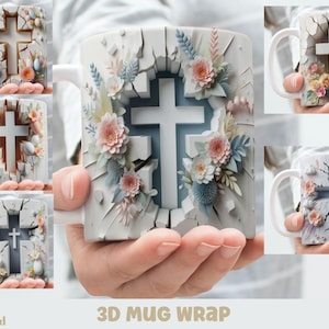 Könnte beinhalten: Weiße Keramiktasse mit einem 3D-Design eines Kreuzes, das von Blumen umgeben ist. Die Tasse ist gerissen und zerbrochen, wobei das Kreuz und die Blumen aus den Rissen herauswachsen. Die Tasse ist 15oz.
