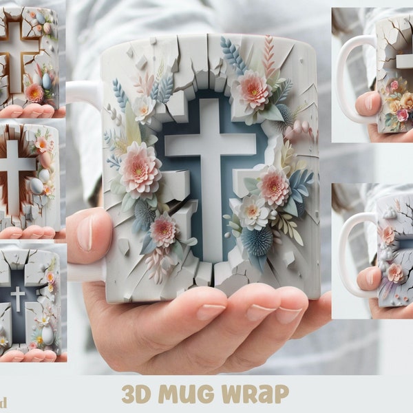 3D Effect Easter Religious Cross Mug Wrap, Resurrection Day Sublimation Bundle Mug Wrap 11oz / 15oz, Instant Digital Download, PNG Template