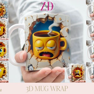 3D Effect Coffee Mug Face Emoji Emotions Mug Wrap, 11 oz & 15 oz Funny Mug Bundle Sublimation Wrap, Instant Digital Download, PNG Template image 1