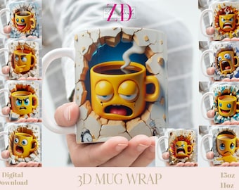 3D Effect Coffee Mug Face Emoji Emotions Mug Wrap, 11 oz & 15 oz Funny Mug Bundle Sublimation Wrap, Instant Digital Download, PNG Template