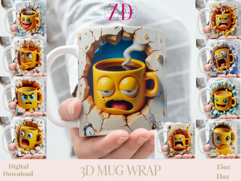 3D Effect Coffee Mug Face Emoji Emotions Mug Wrap, 11 oz & 15 oz Funny Mug Bundle Sublimation Wrap, Instant Digital Download, PNG Template image 1