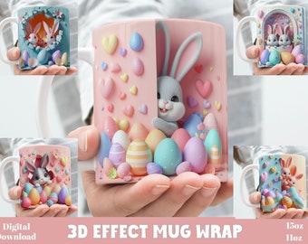 3D Effect Easter Bunnies Mug Wrap, 11 oz & 15 oz Mug Bundle Sublimation Wrap, Instant Digital Download, PNG Template