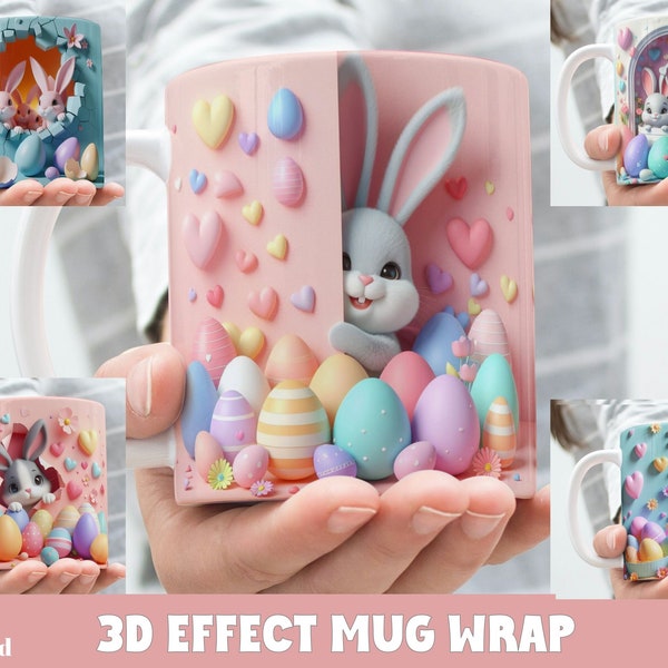 3D Effect Easter Bunnies Mug Wrap, 11 oz & 15 oz Mug Bundle Sublimation Wrap, Instant Digital Download, PNG Template