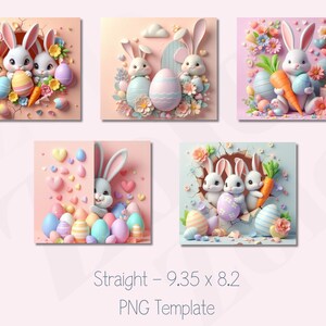 Puede incluir: Cinco ilustraciones digitales de conejos de Pascua con huevos y flores de colores pastel. Los conejos est&aacute;n en diferentes poses, algunos sosteniendo zanahorias y huevos. Los fondos son rosa, azul y blanco.