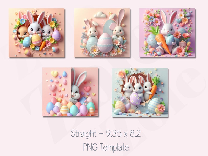 Puede incluir: Cinco ilustraciones digitales de conejos de Pascua con huevos y flores de colores pastel. Los conejos est&aacute;n en diferentes poses, algunos sosteniendo zanahorias y huevos. Los fondos son rosa, azul y blanco.